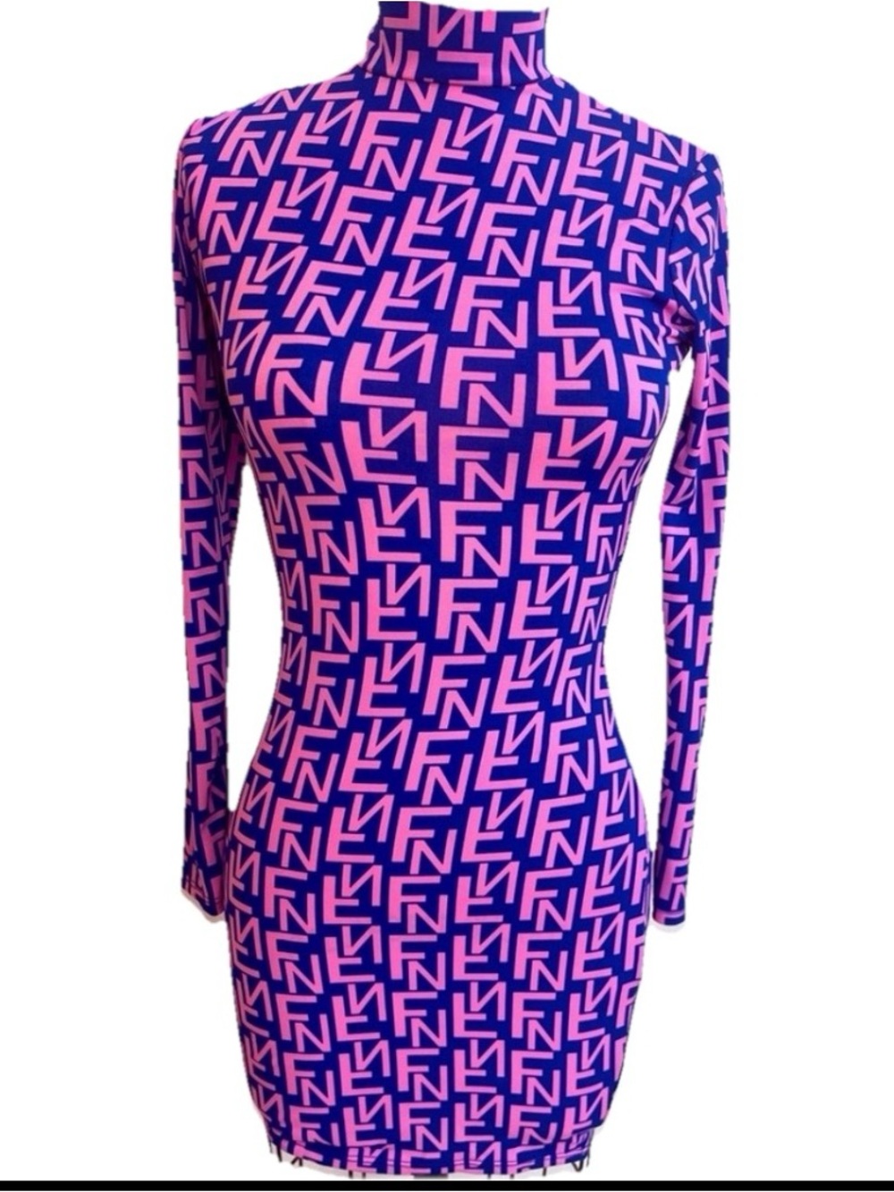 Fashion Nova- FN Monogram Long Sleeve Purple Bodycon Mini Dress High Neck Sz S